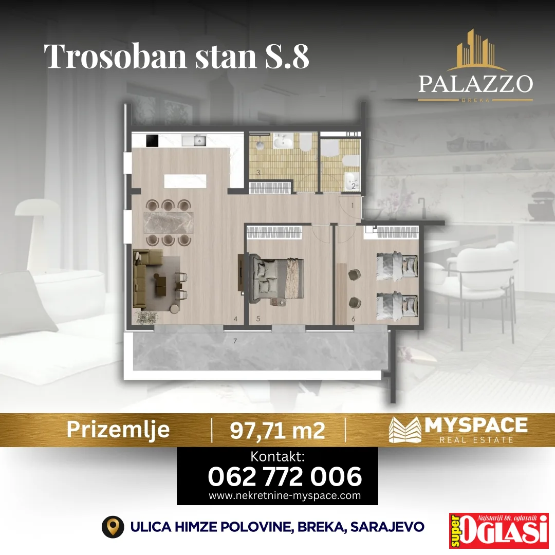 Trosoban stan u novogradnji Palazzo Breka, 97m2, stan, površina 97m2