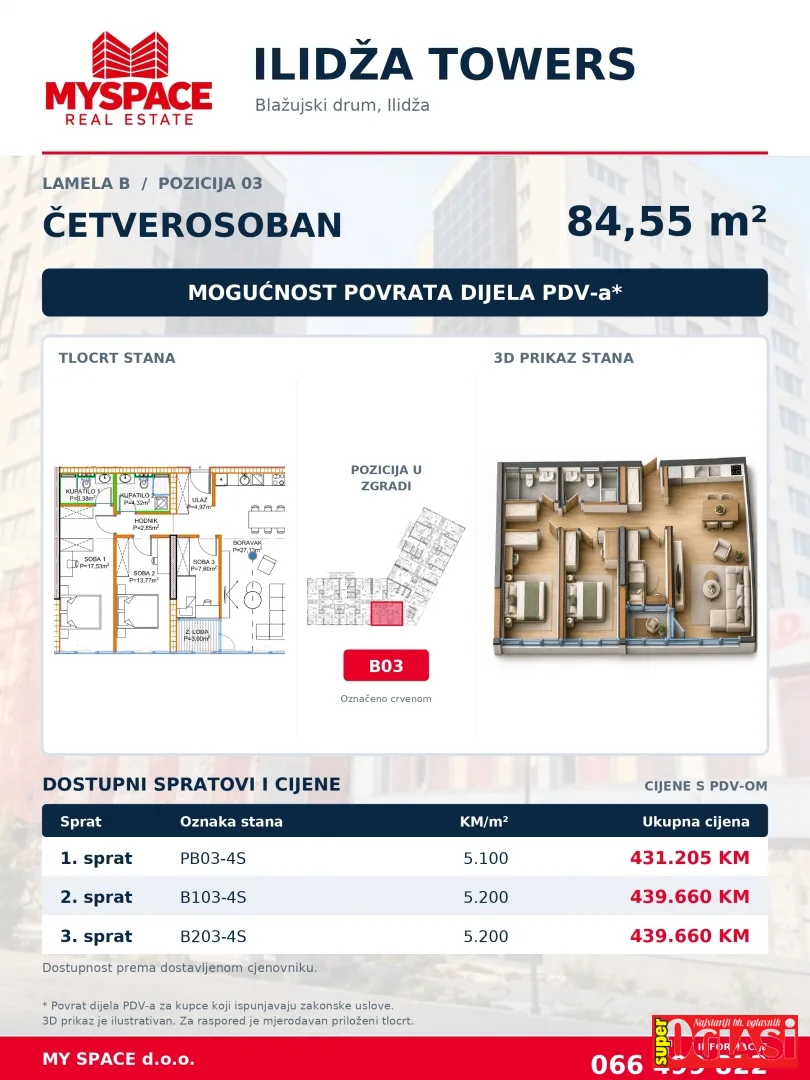 Trosoban stan u novogradnji Ilidža Towers, 84m2