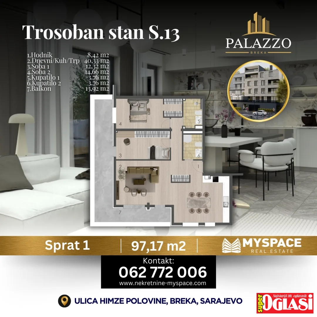 Trosoban stan u novogradnji Palazzo Breka, 97m2, stan, površina 97m2